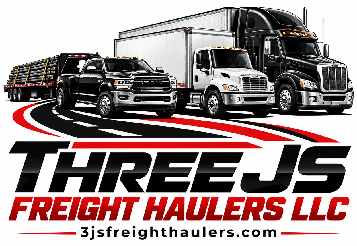 Three JS Freight Haulers LLC logo featuring hotshot pickup, box truck, and tractor trailer